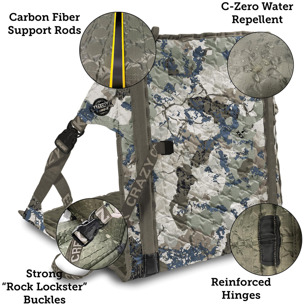 Crazy Creek Kings Camo HEX 2.0 chair outer shell resists moisture for damp days