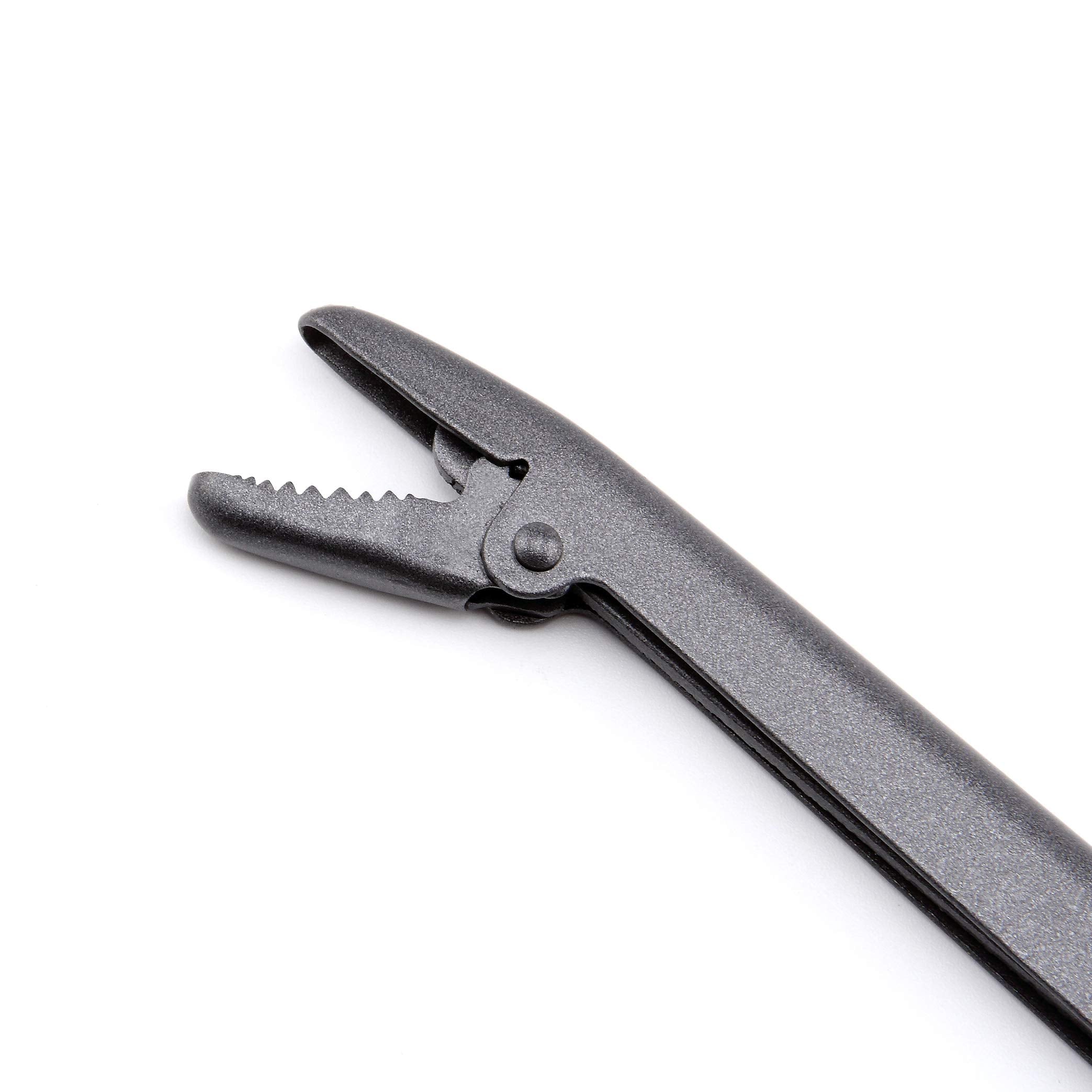 Close-up of stainless steel jaws and spring-loaded handle