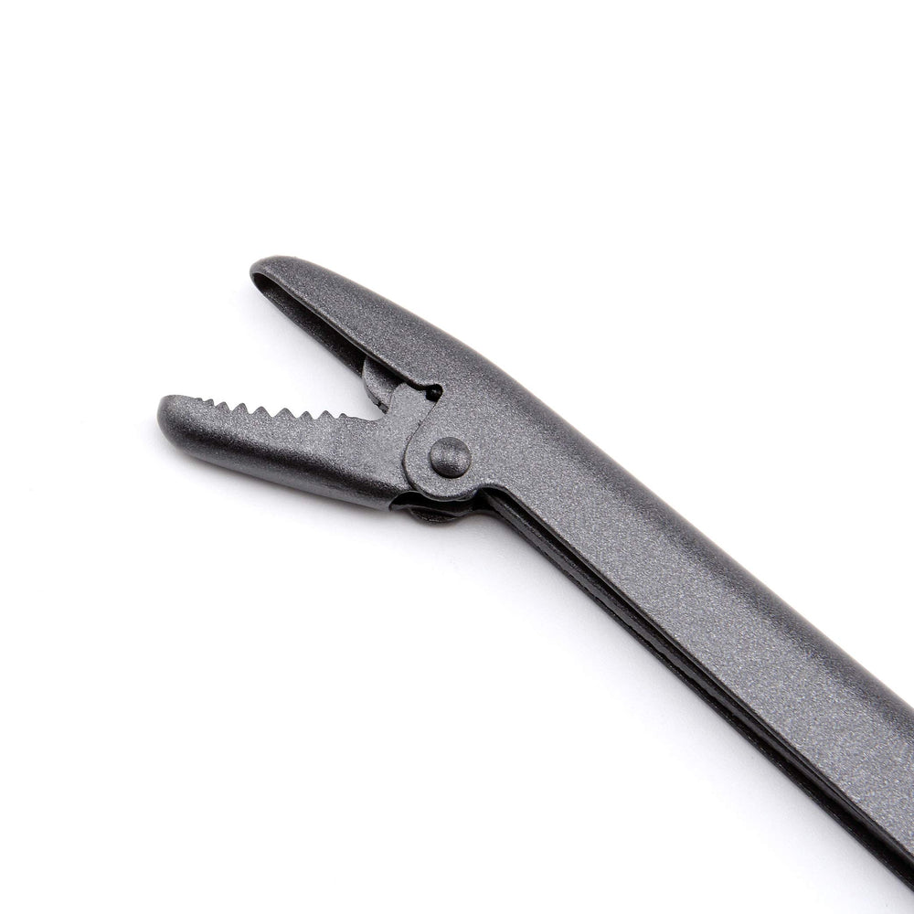 Close-up of stainless steel jaws and spring-loaded handle