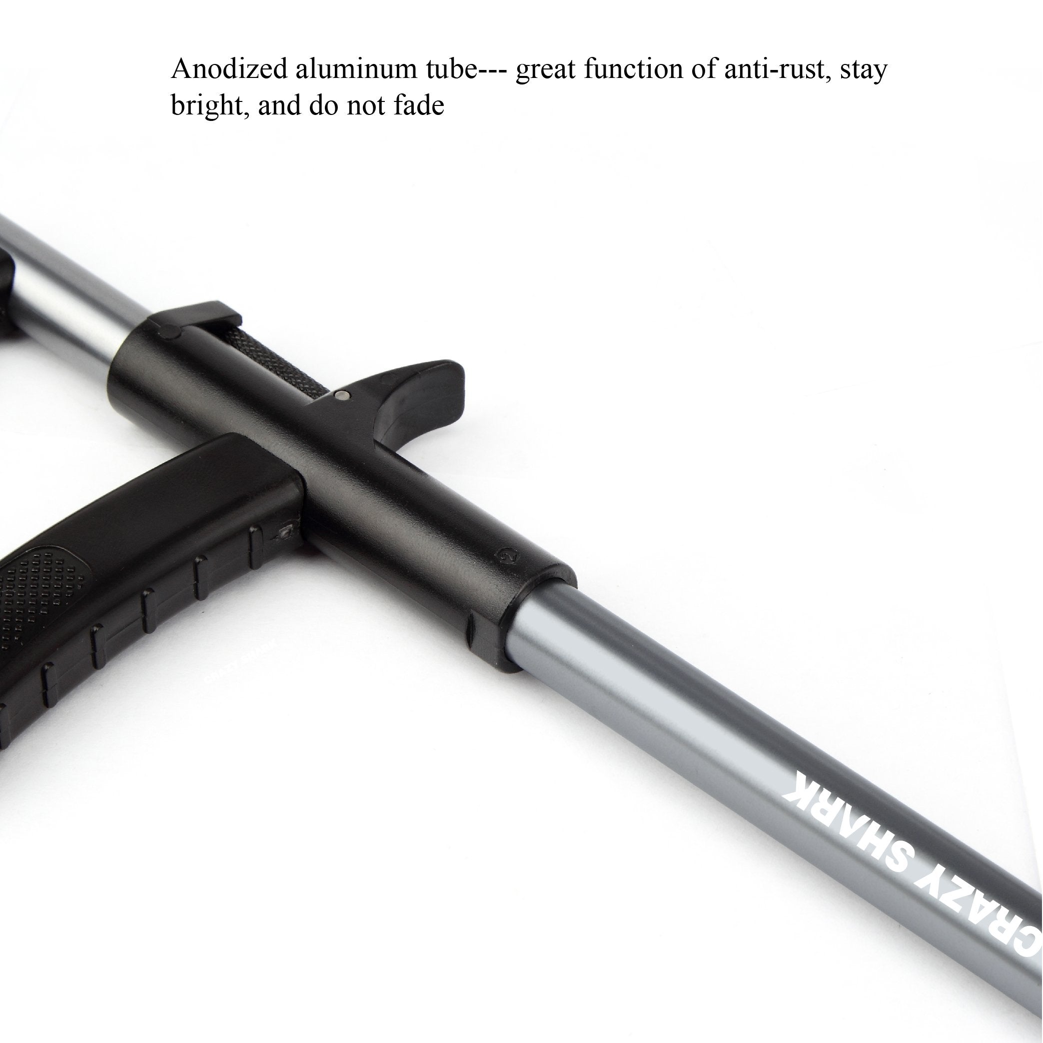 Close-up of aluminum body and stainless steel hook