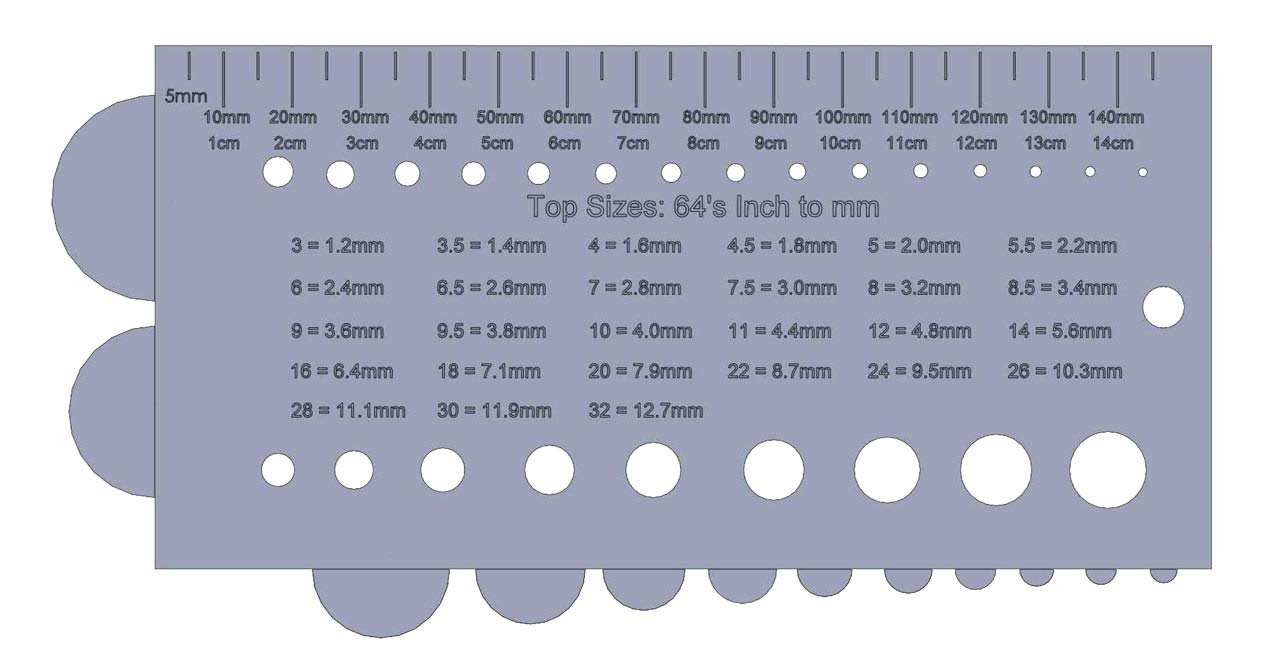 CRB gauge with ruler and MM-to-64ths conversion chart on back