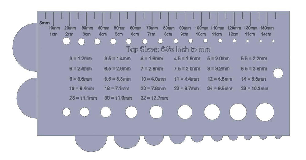 CRB gauge with ruler and MM-to-64ths conversion chart on back