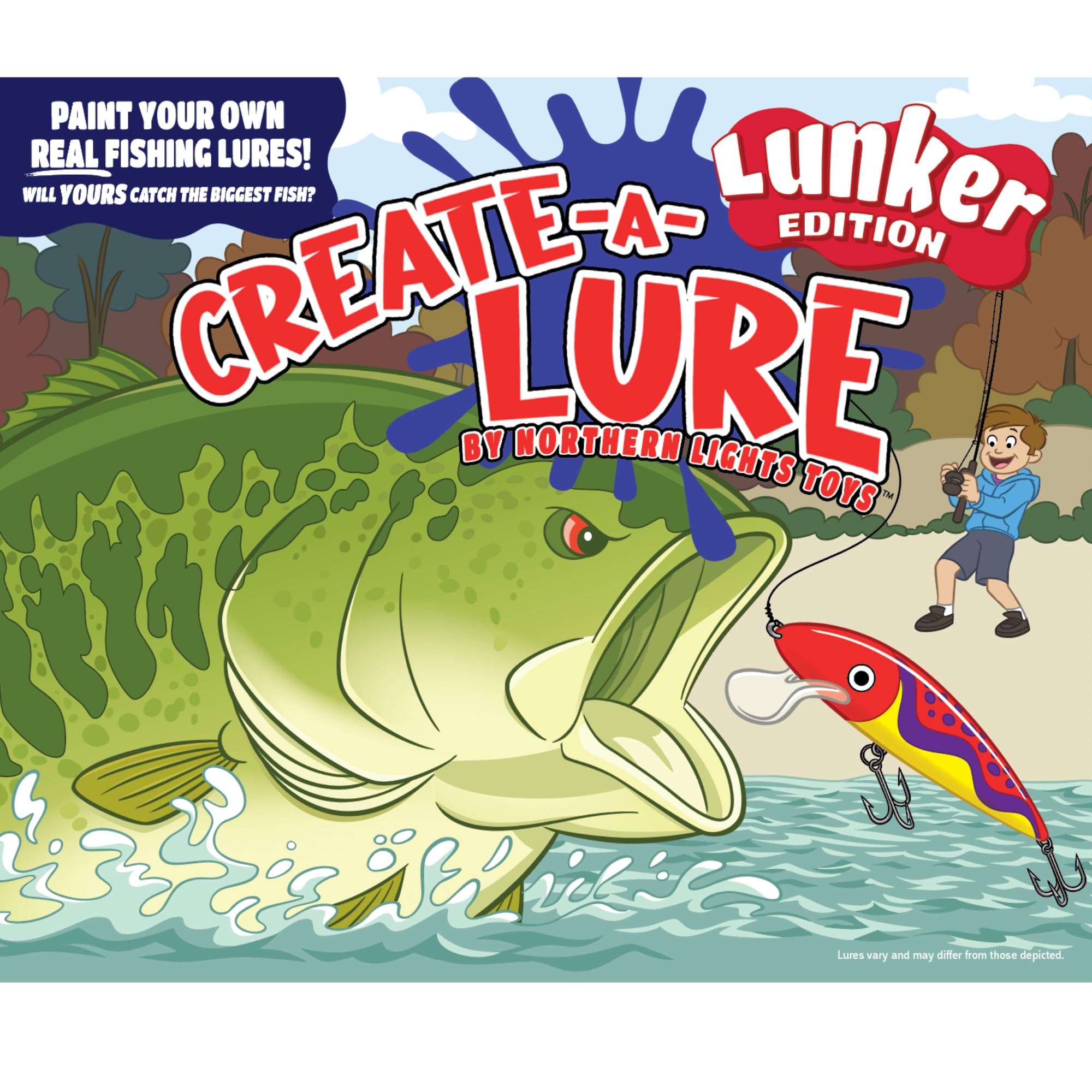 Create-A-Lure Lunker Edition kid-friendly lure making kit with paints, brushes, and 2 lures for kids' arts and crafts