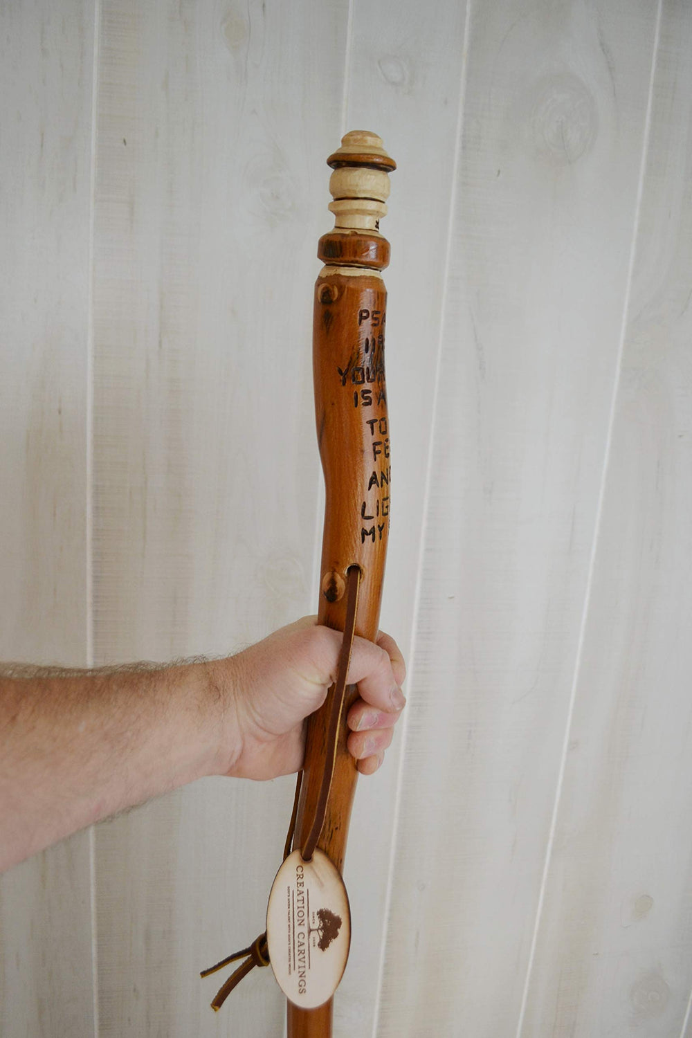 CreationCarvings Bible Walking Stick features Psalm 119:105 verse for guidance on journeys.