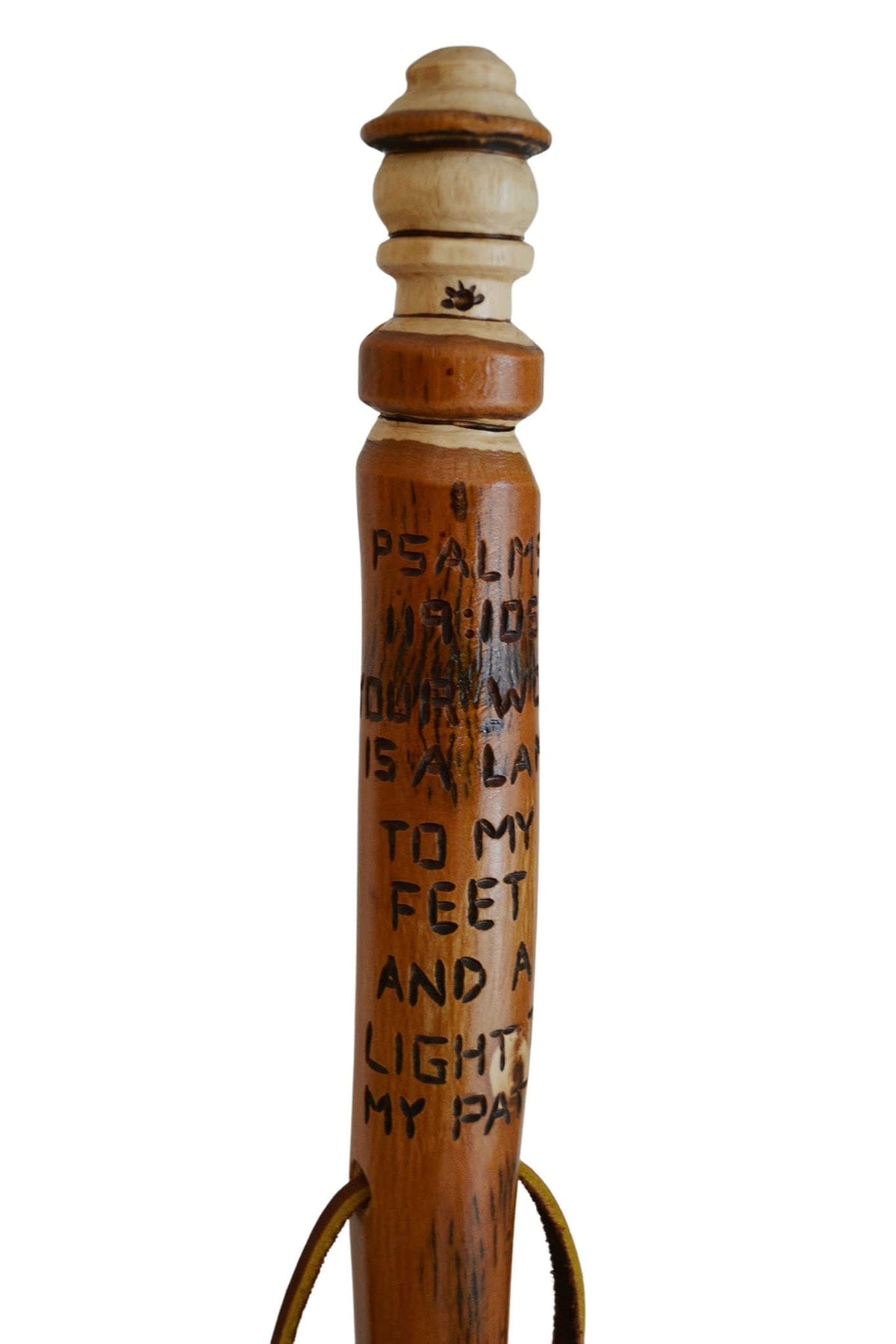 CreationCarvings Bible Walking Stick with wood grain offers sturdy trail support.