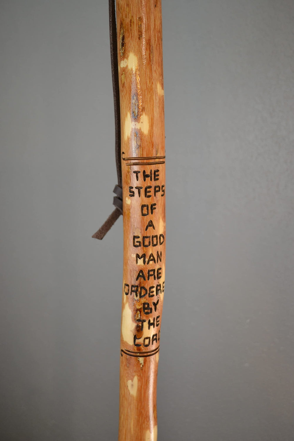 CreationCarvings hardwood walking stick on rugged trail demonstrates durability.