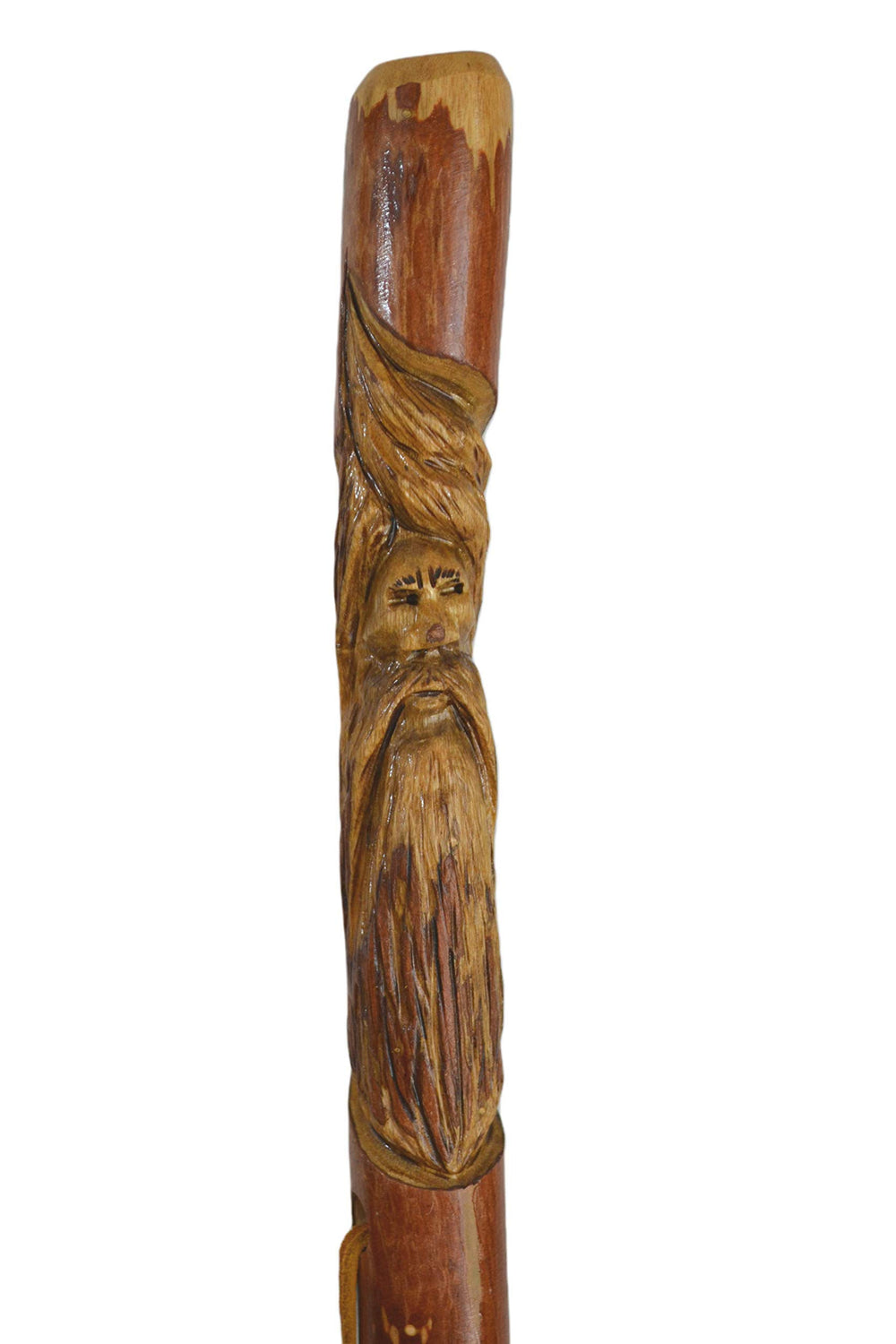 CreationCarvings leather strap keeps the stick secure at hand.