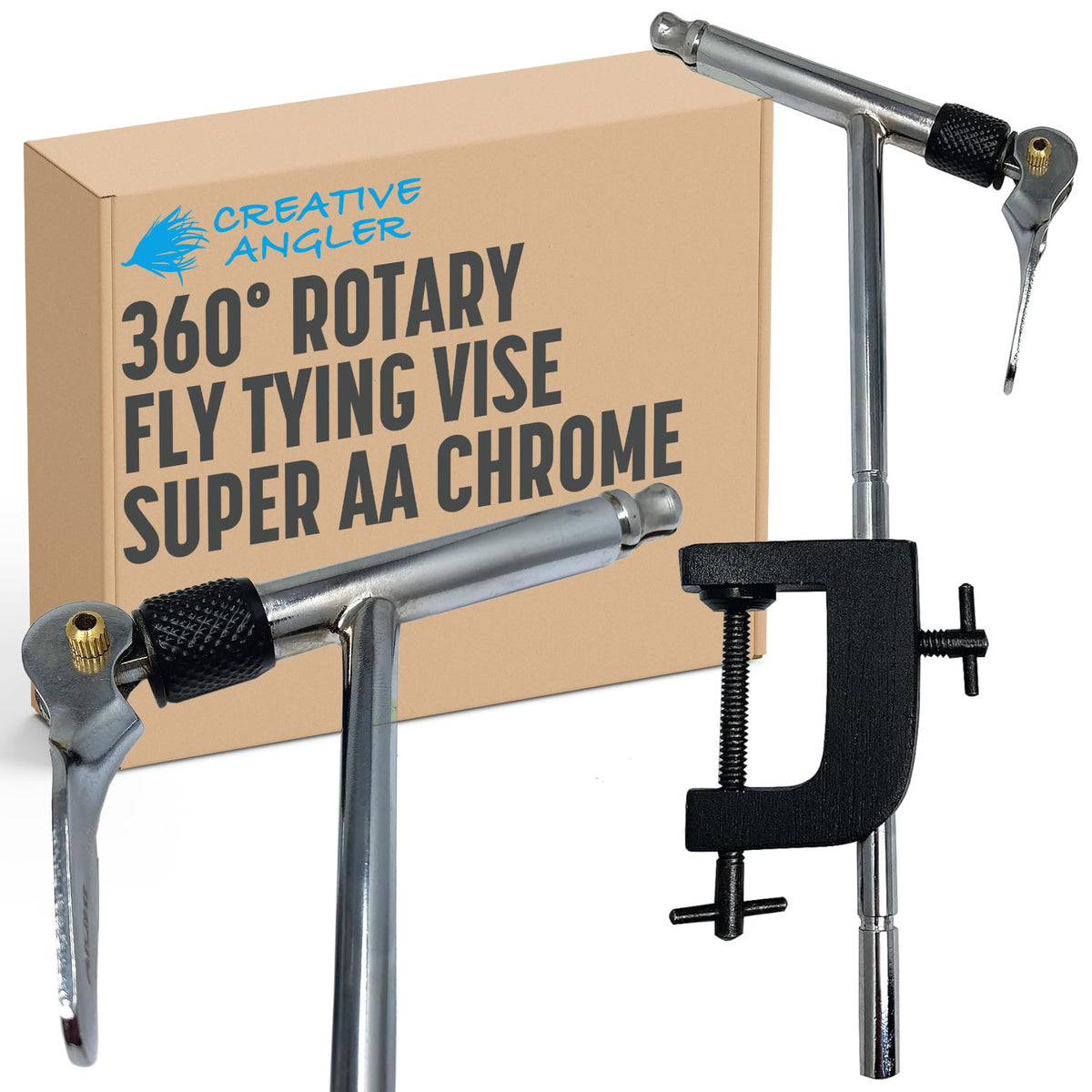 Creative Angler 360° rotary fly tying vise secures hooks for precise, consistent ties.