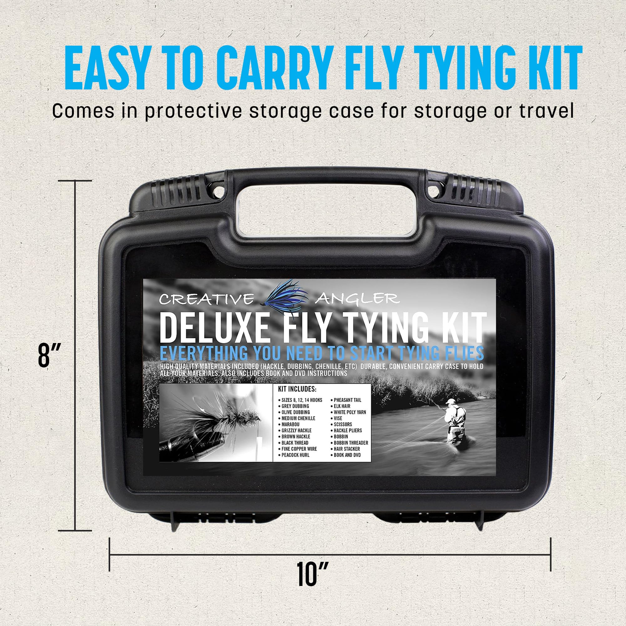 Creative Angler Deluxe Fly Tying Kit bobbins feathers pack displays varied materials for diverse fly designs
