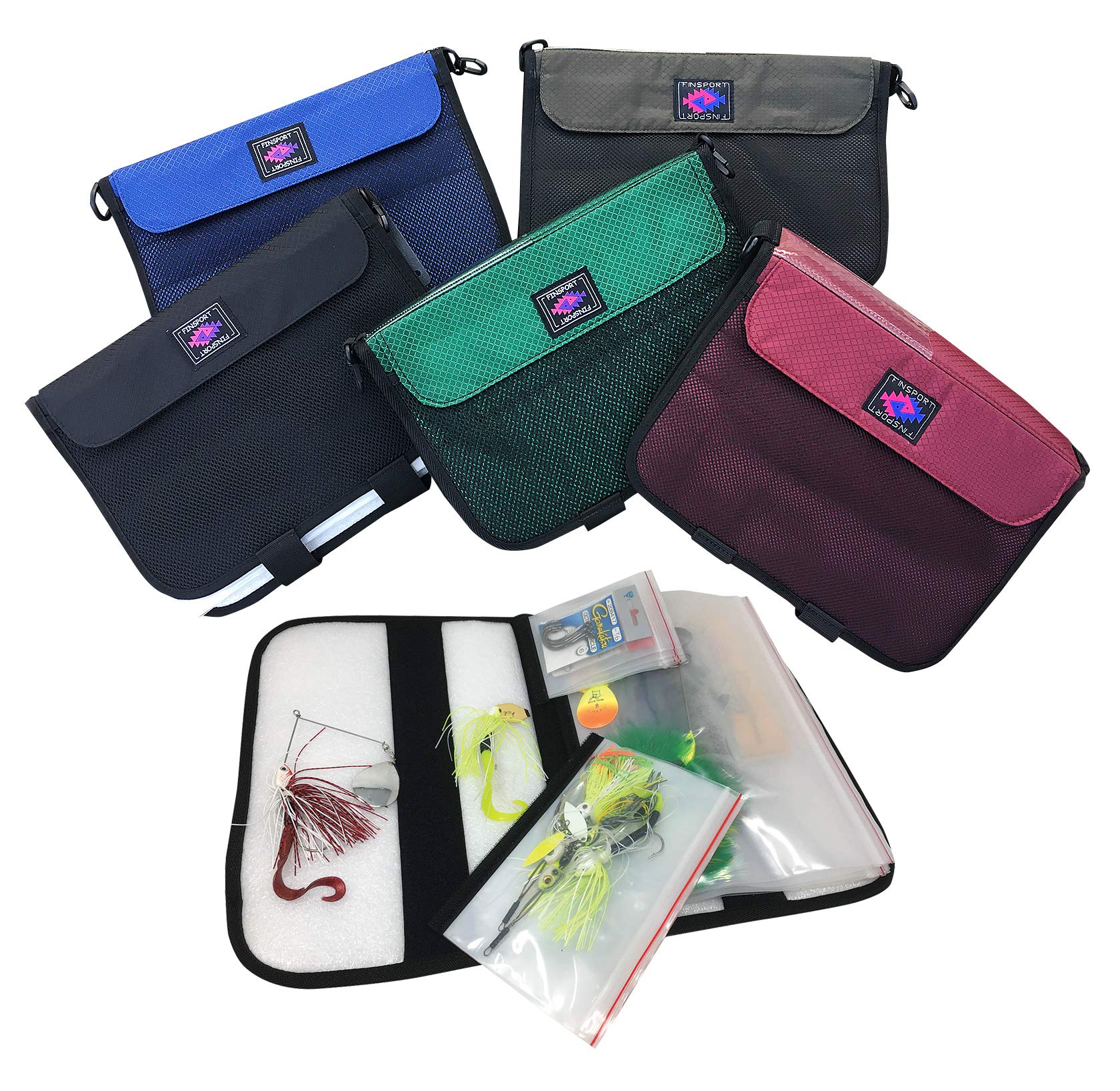 Creative Angler Finsport 12x7 Wallet open showing organized flies and lures for quick access.