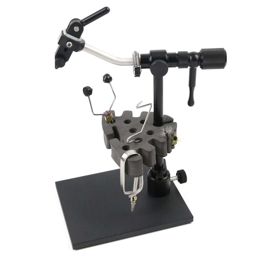 Creative Angler foam tool caddy attached to vise for quick access.