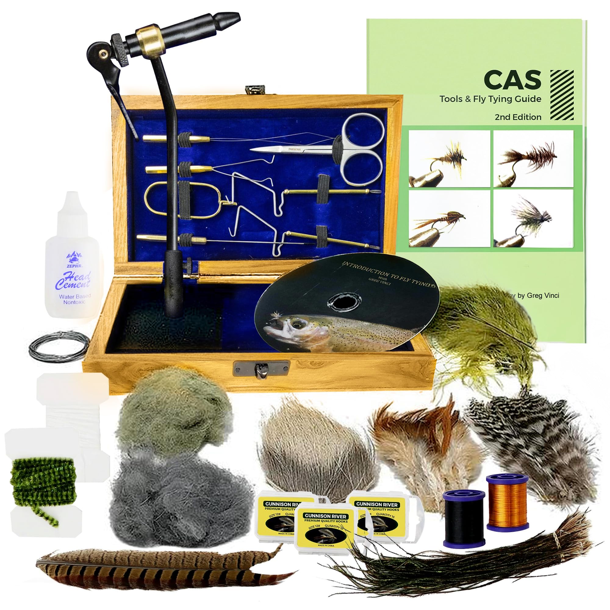 Creative Angler wooden box showing organized fly tying tools for quick setup.