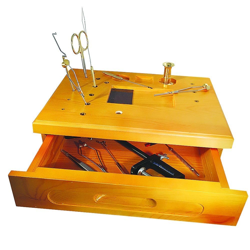 Wooden fly tying station showing tool receptacles and drawer