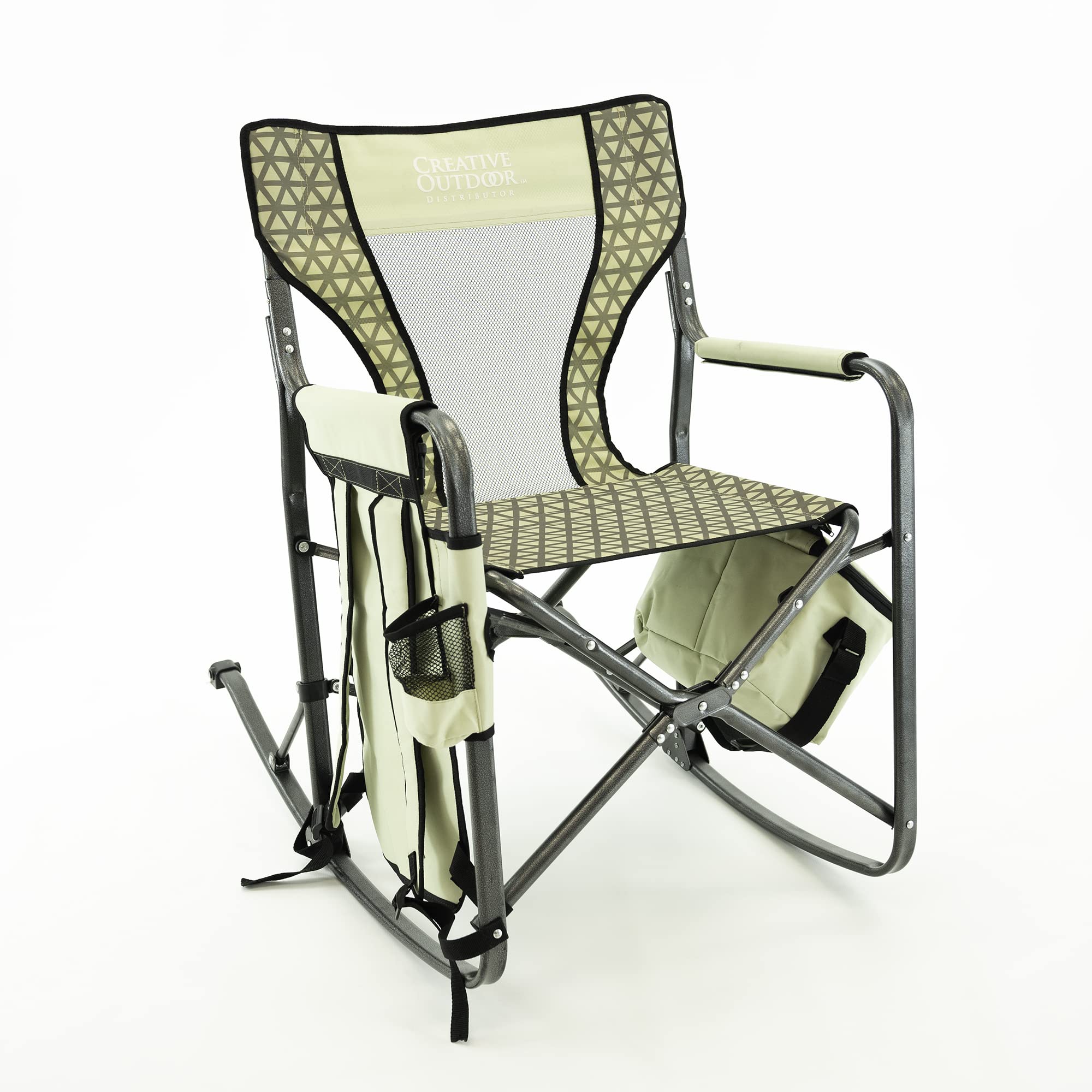 Creative Outdoor Collapsible Rocking Director Chair dimensions shown open and folded.