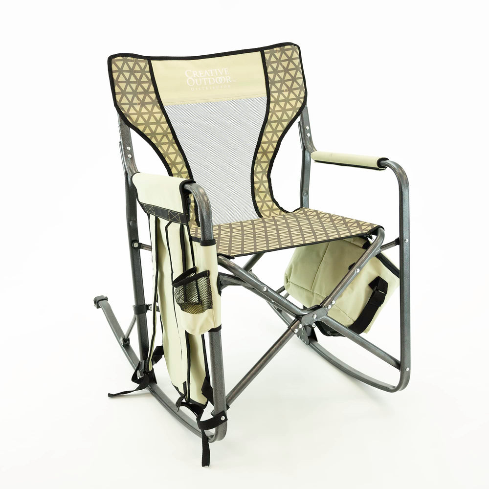 Creative Outdoor Collapsible Rocking Director Chair dimensions shown open and folded.