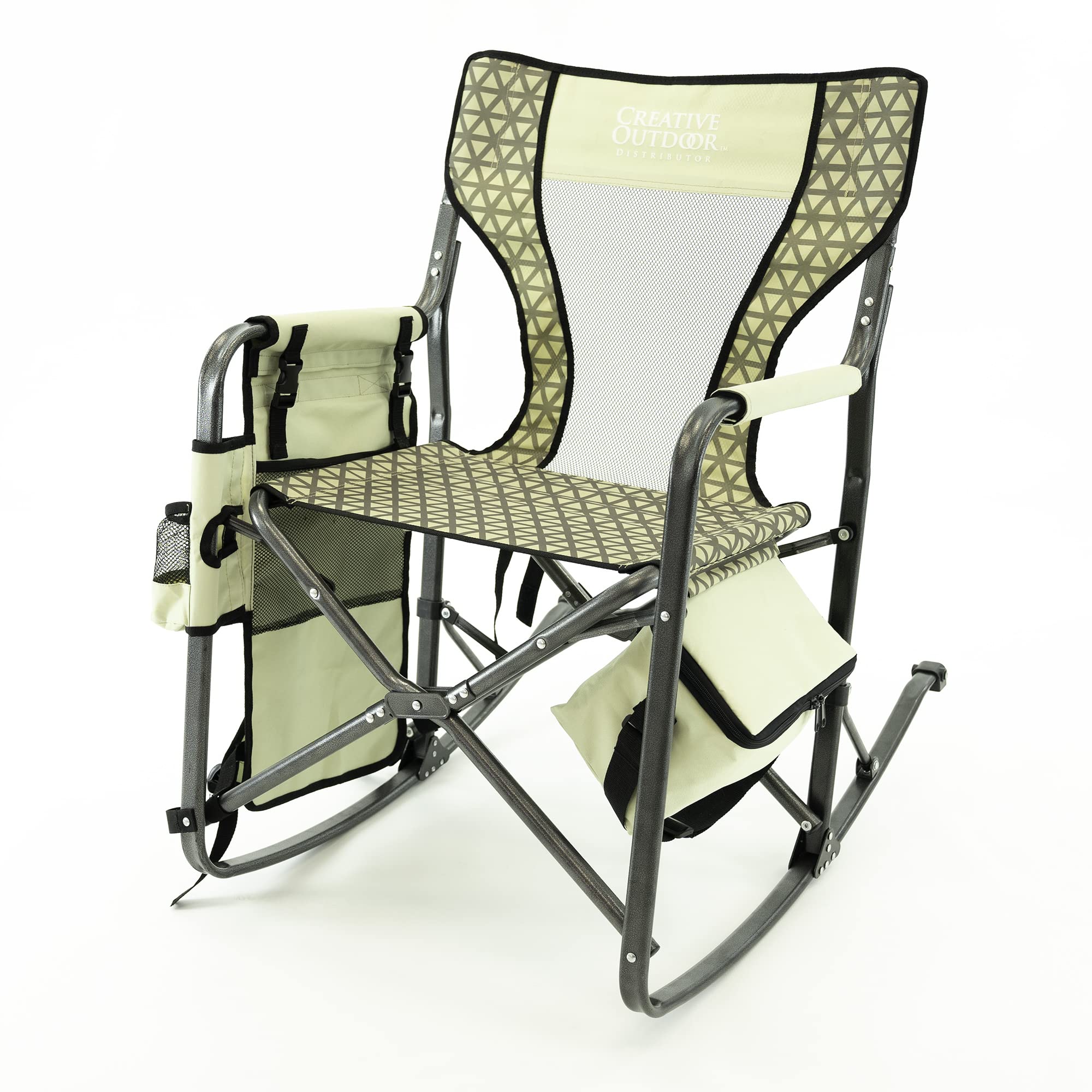 Creative Outdoor Collapsible Rocking Director Chair folded compactly for travel.