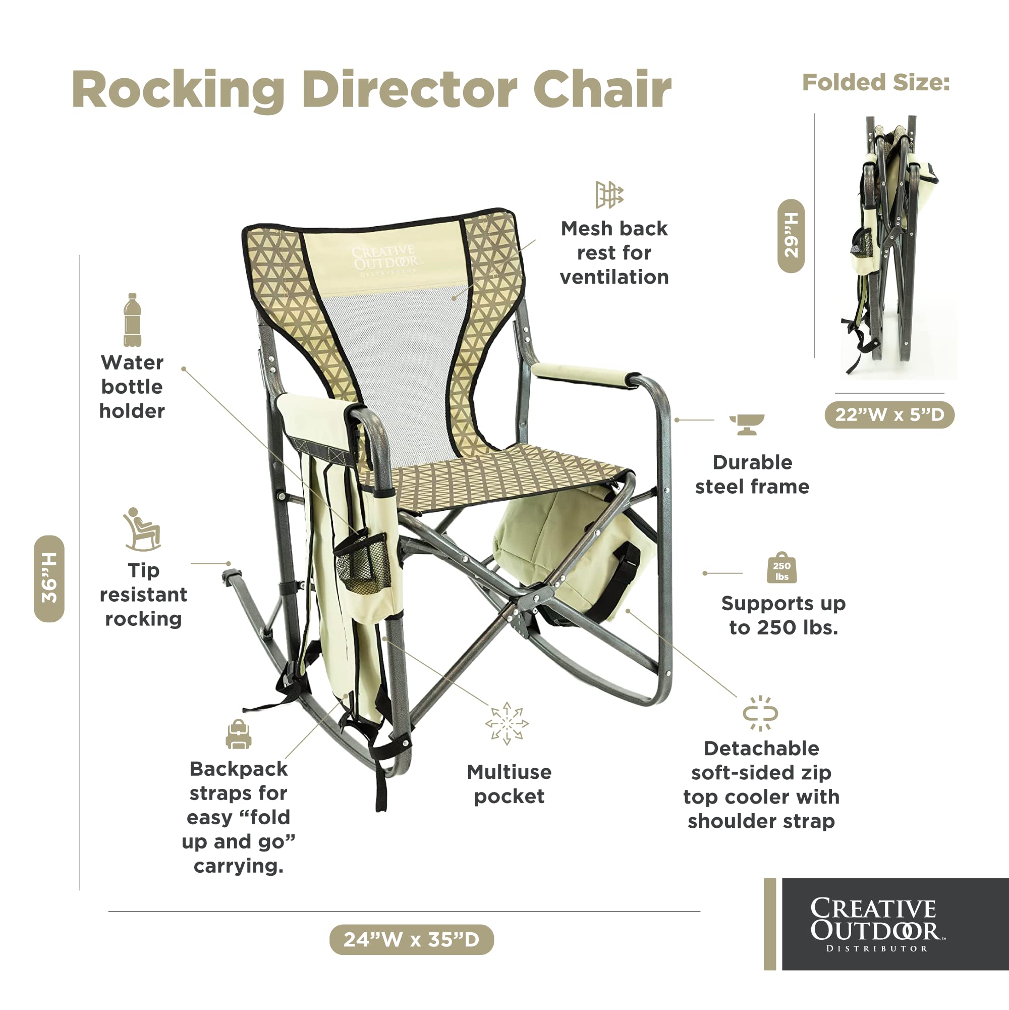 Creative Outdoor Collapsible Rocking Director Chair with magazine pocket for reading.