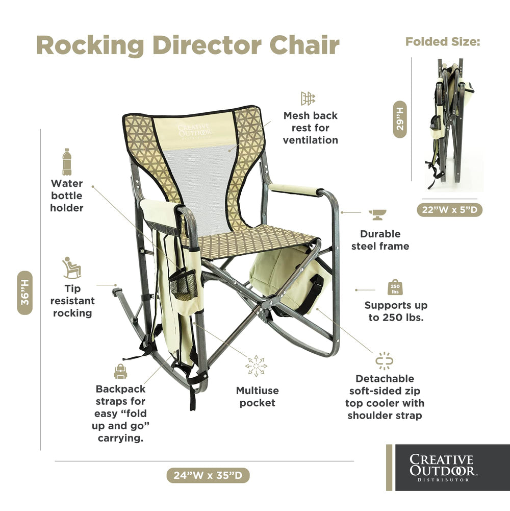 Creative Outdoor Collapsible Rocking Director Chair with magazine pocket for reading.