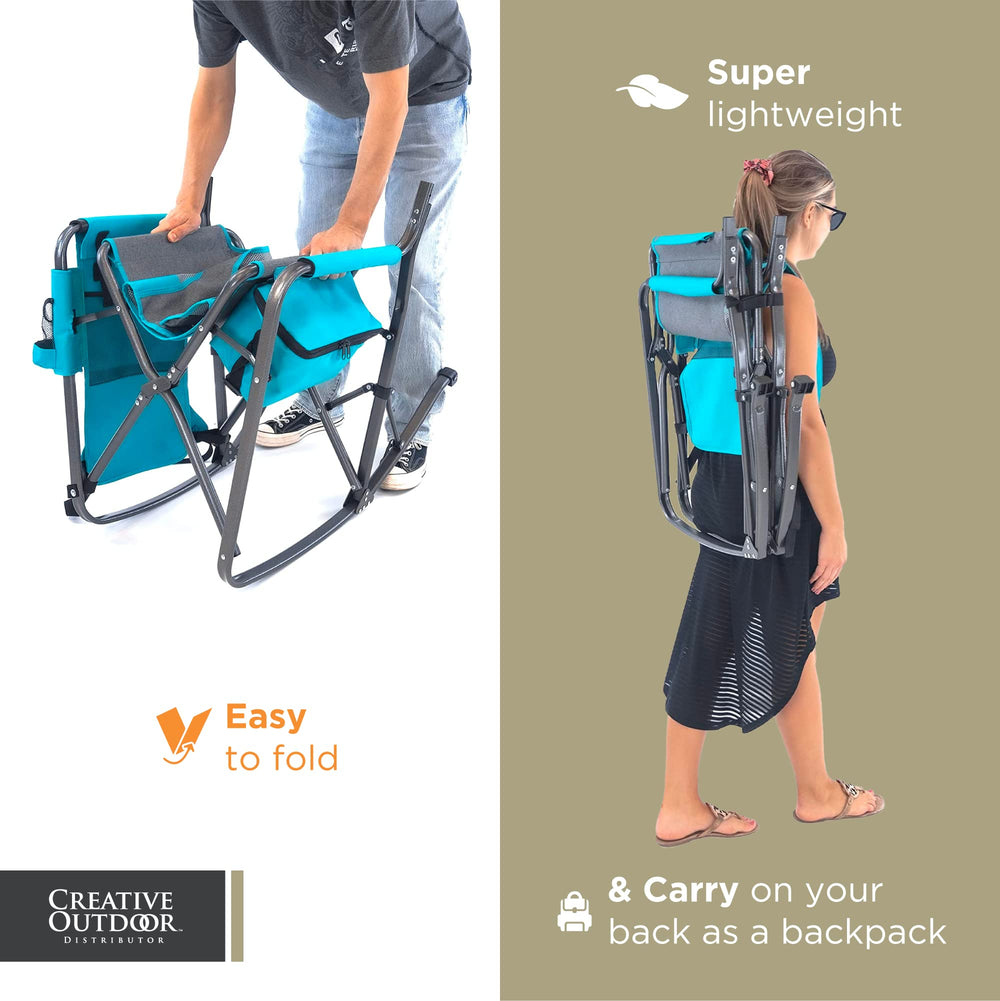 Creative Outdoor Collapsible Rocking Director Chair with breathable mesh back rest for cooling comfort.