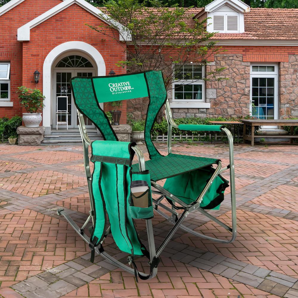 Creative Outdoor Collapsible Rocking Director Chair open, sturdy frame supports comfortable seating.