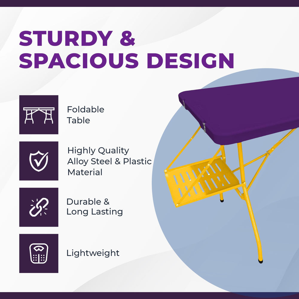 Creative Outdoor folding table shows lower deck storage for essentials during outings