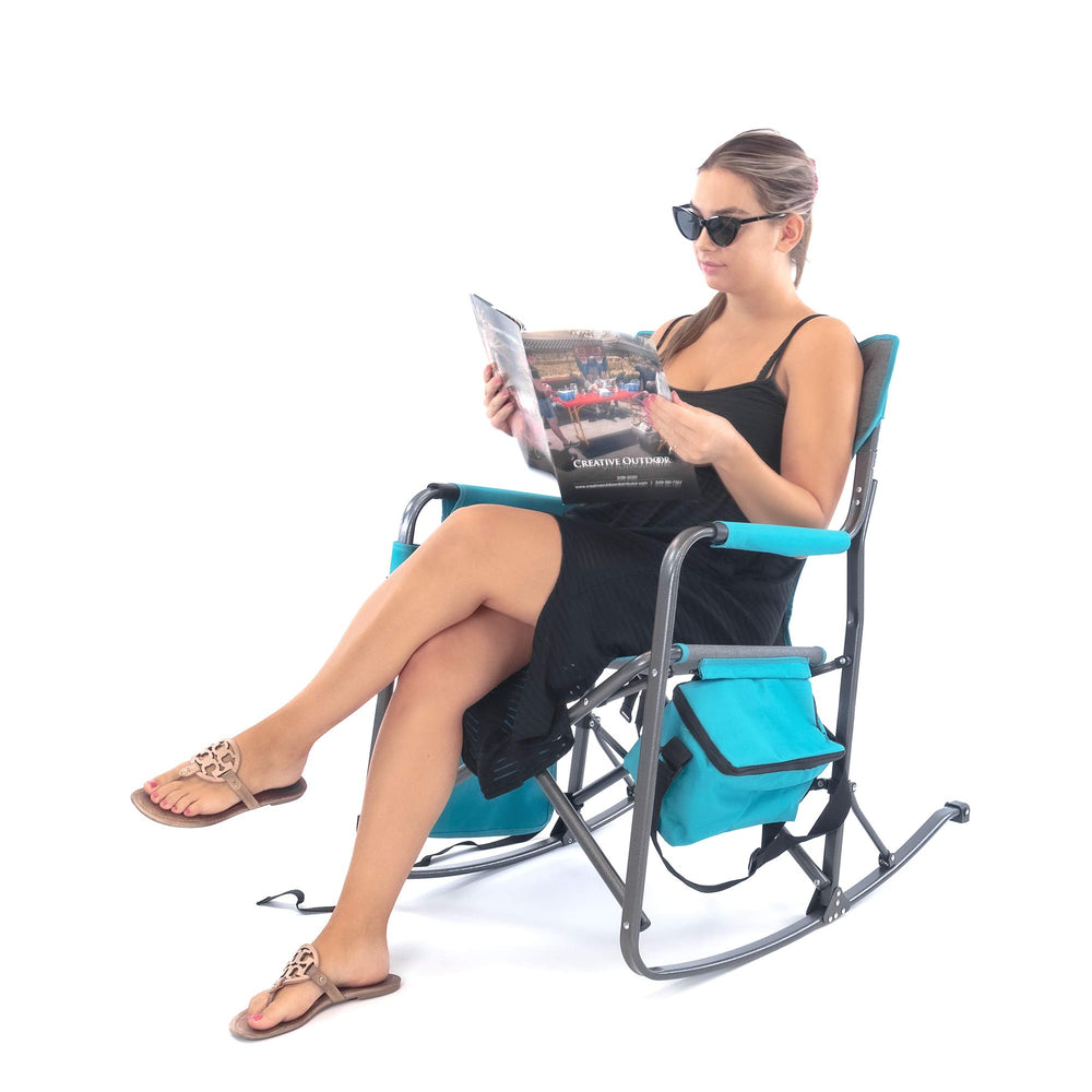 Creative Outdoor rocking chair cooler attachment provides portable drinks storage.