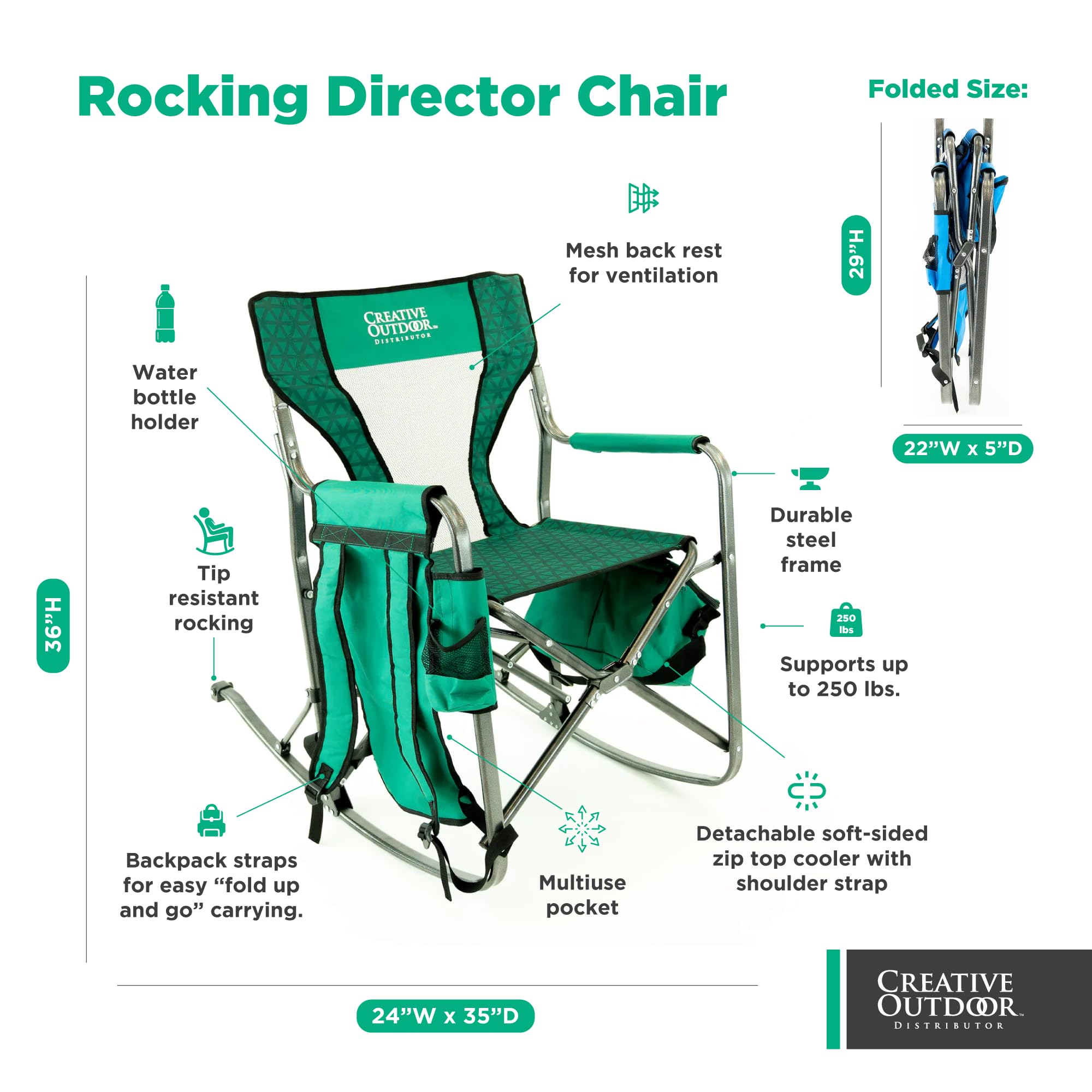 Creative Outdoor Rocking Director Chair durable frame for camping and outdoor use.