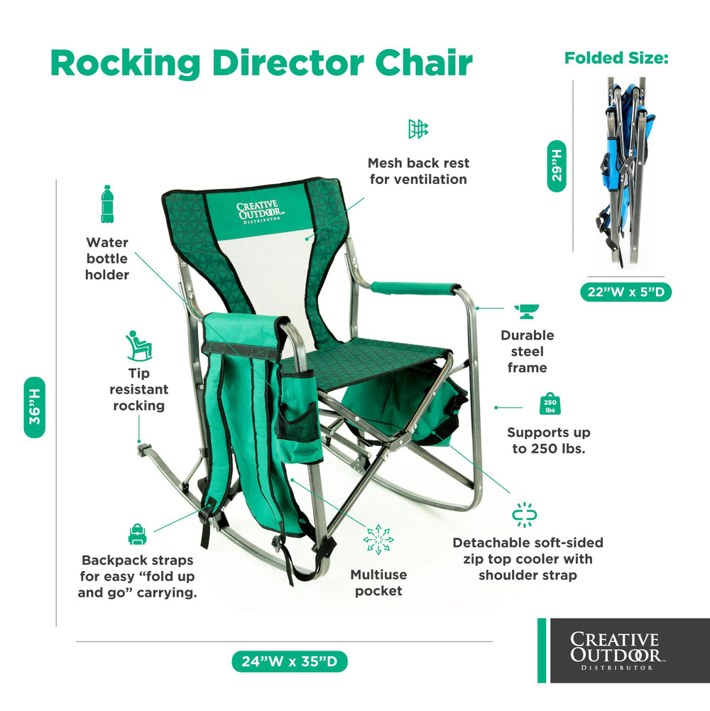 Creative Outdoor Rocking Director Chair durable frame for camping and outdoor use.