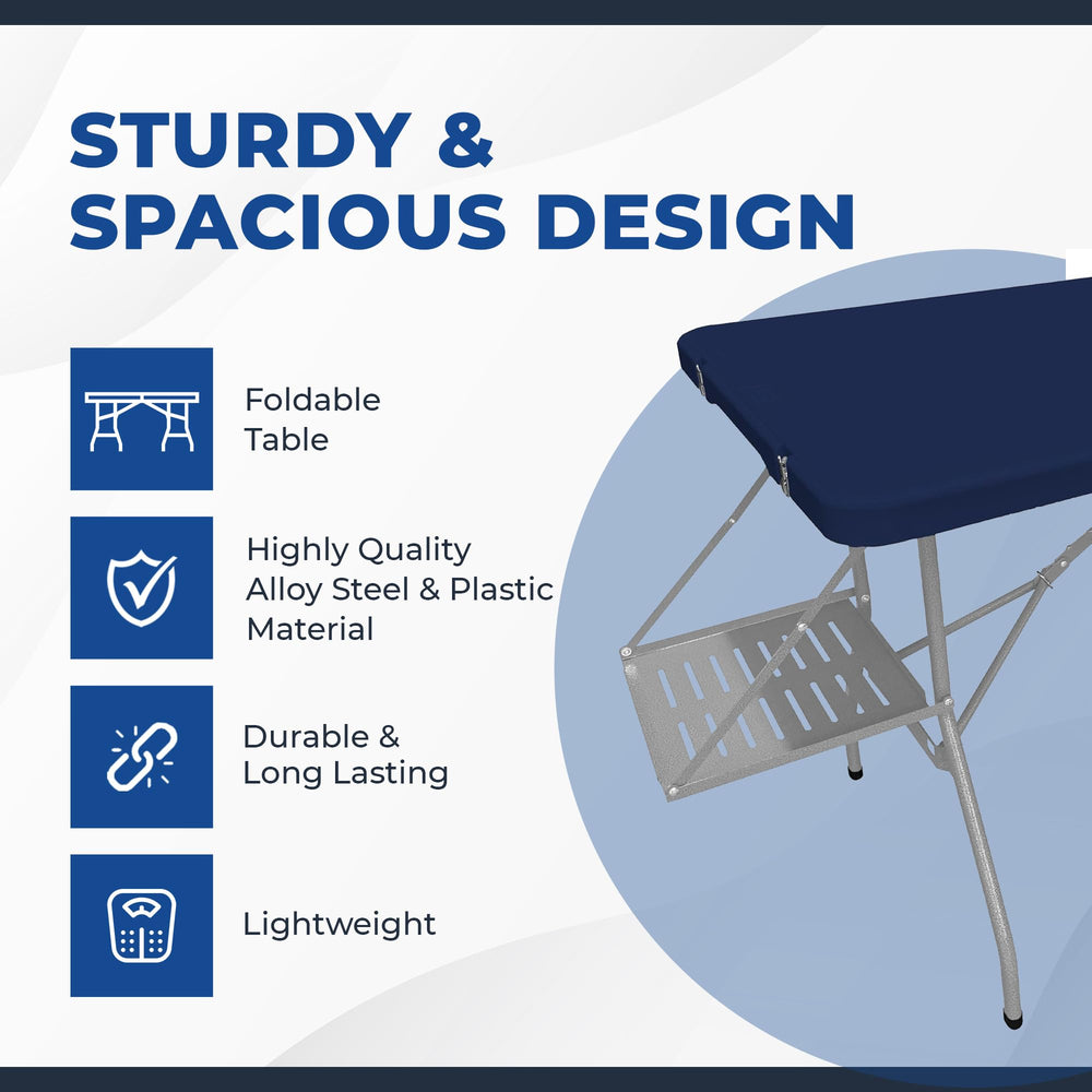 Creative Outdoor table folding lower storage shelf for essentials during outings.