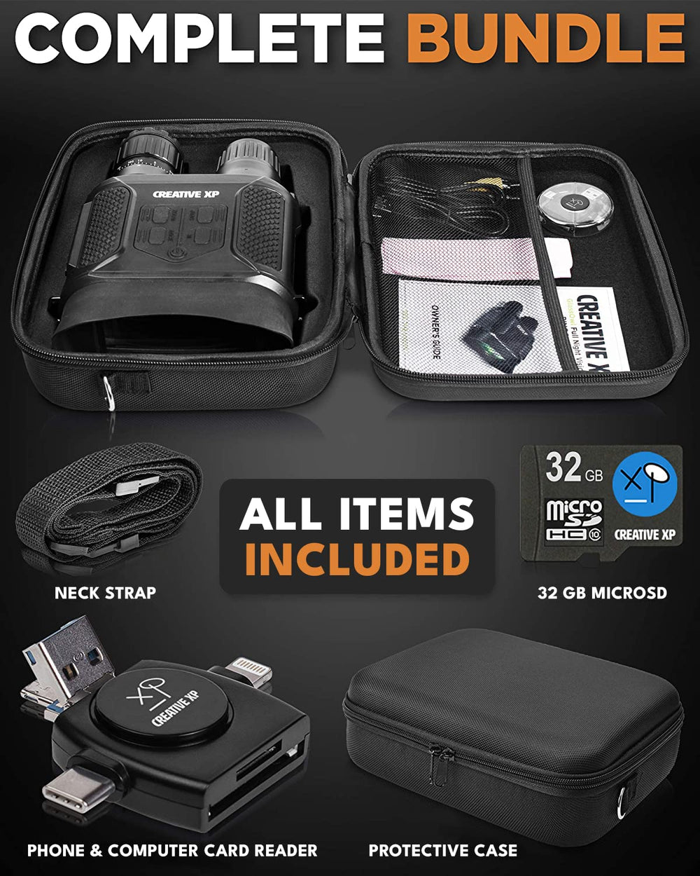 Creative XP Pro night vision binoculars 32GB card included for field recording efficiency.