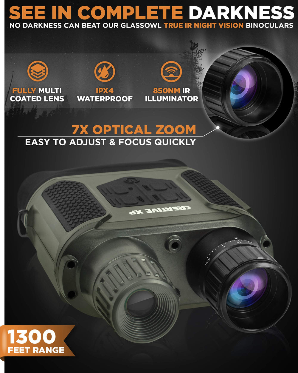 Creative XP Pro night vision binoculars 4-inch screen for instant viewing in darkness.
