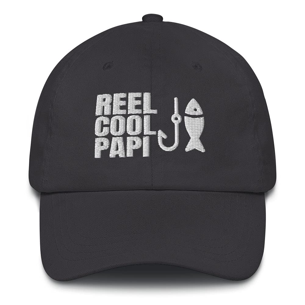 CreativeTees4You Reel Cool Papi fishing hat, embroidered design, adjustable cotton cap in dark grey