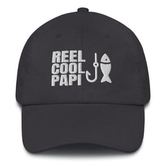 CreativeTees4You Reel Cool Papi fishing hat, embroidered design, adjustable cotton cap in dark grey