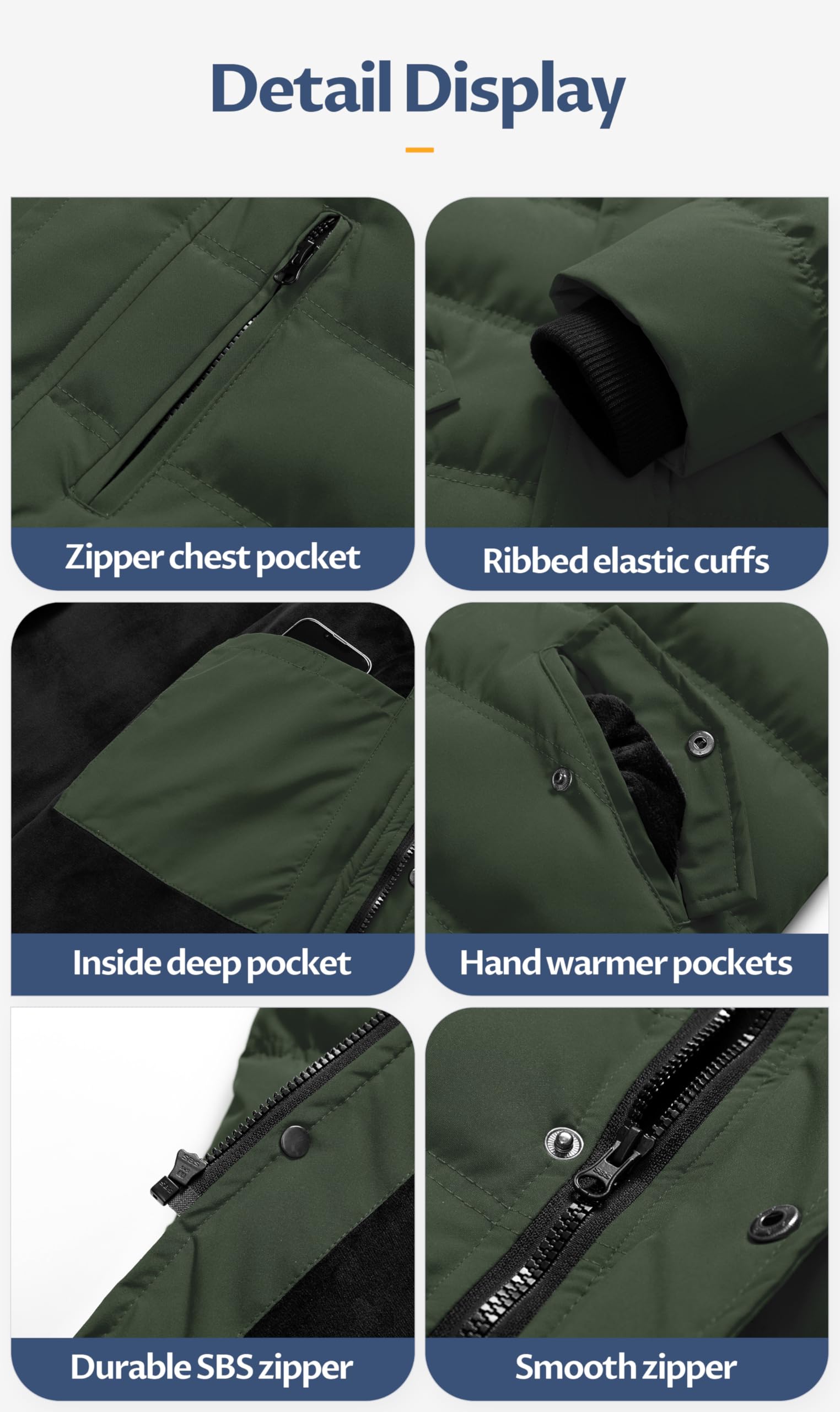 CREATMO US army green color coat; versatile all-winter wear.