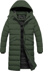CREATMO US men's winter coat front view; long bubble jacket for warmth in cold weather.