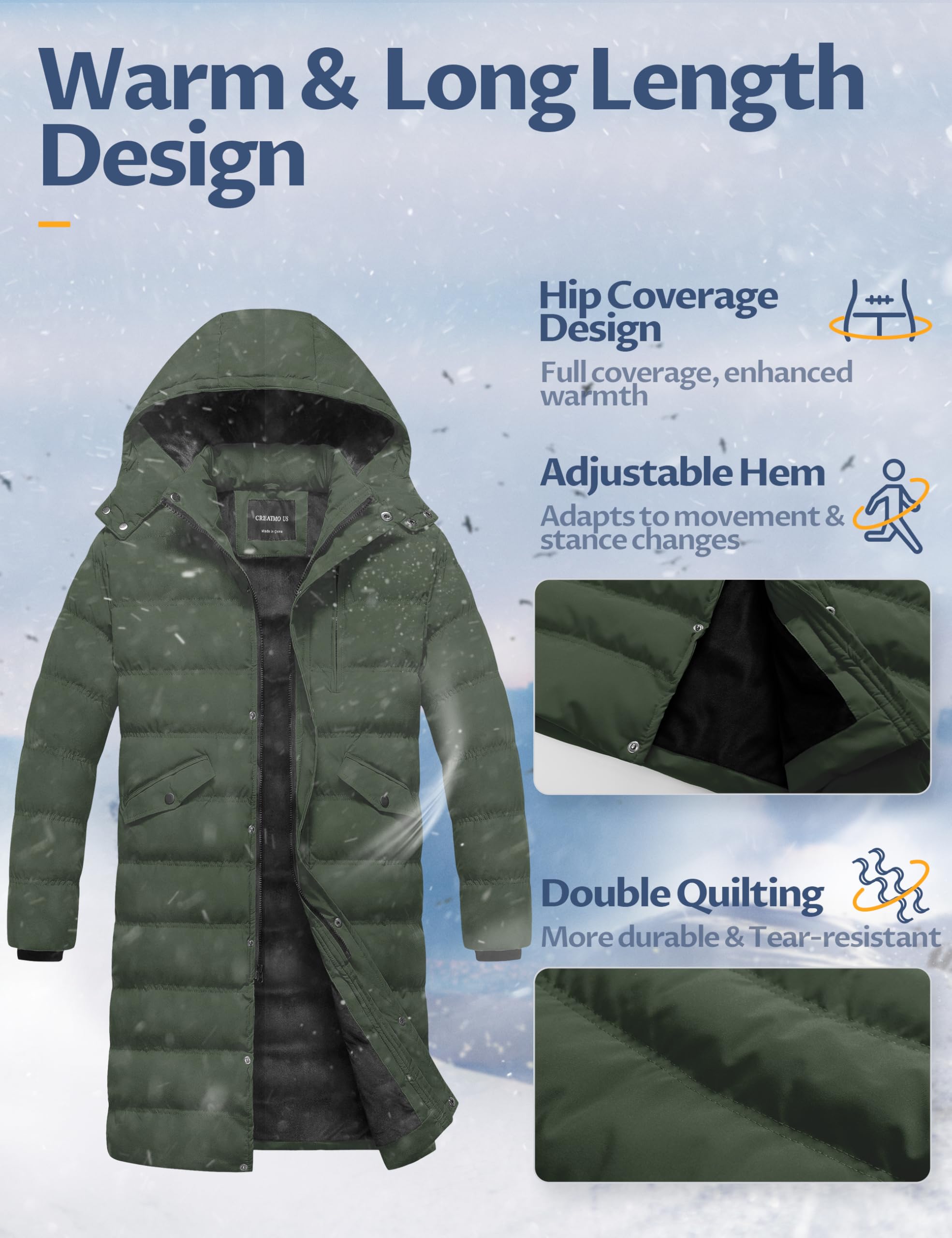 CREATMO US dual-entry pockets view; secure storage for keys and gloves.