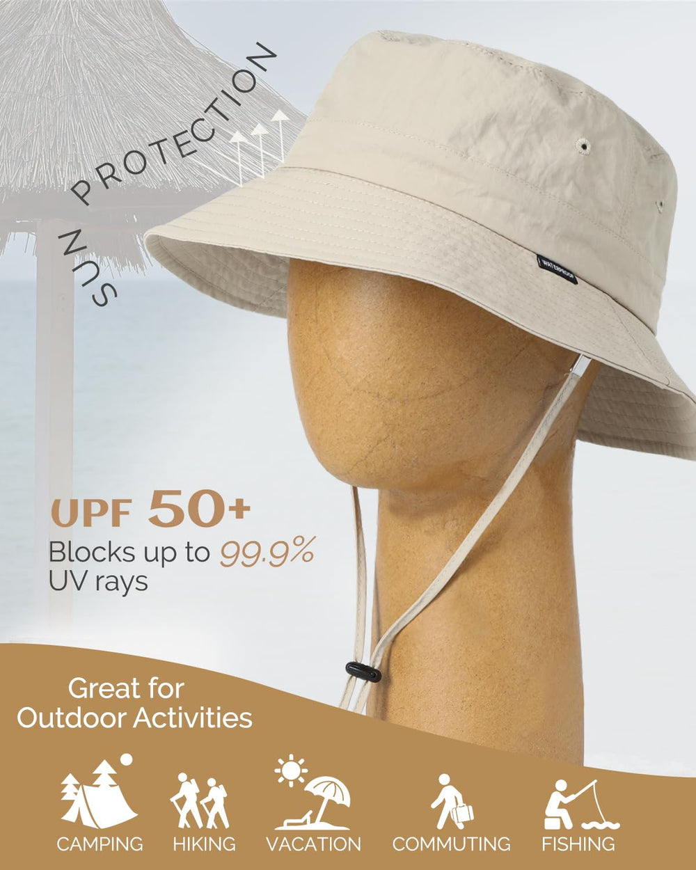 Beige waterproof bucket hat worn by a model outdoors