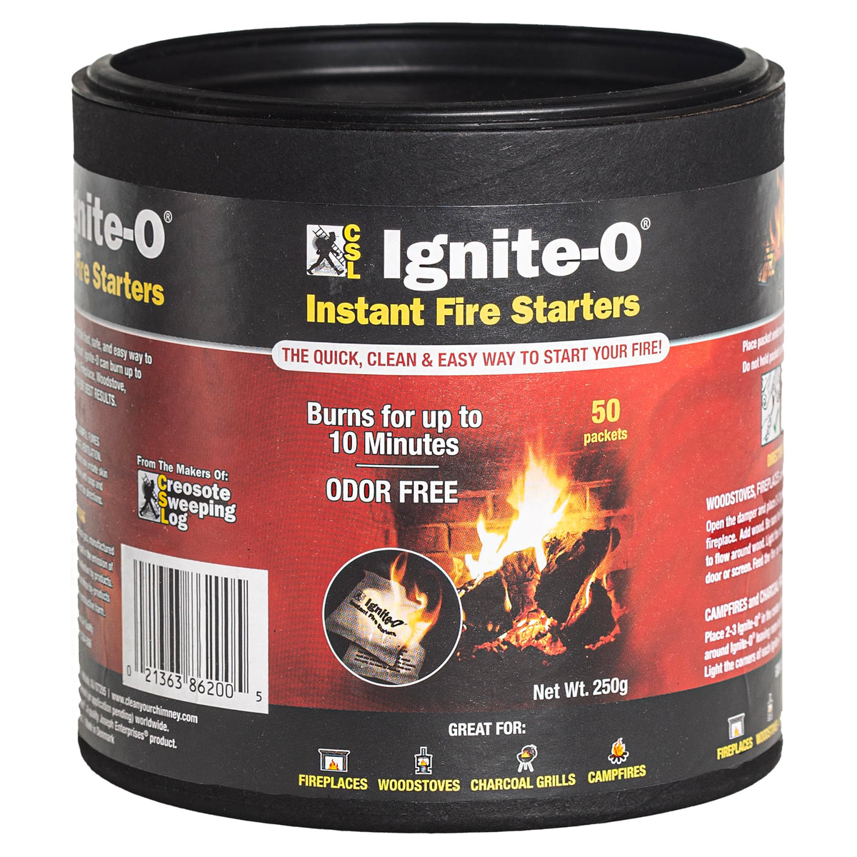 Ignite-O packaging demonstrates quick, easy fire-starting.