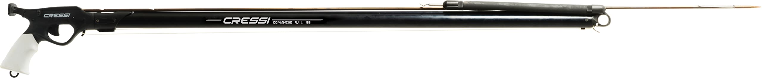 Cressi Comanche Rail 90 barrel closeup emphasizes anti-corrosion aluminum and reinforced barrel.
