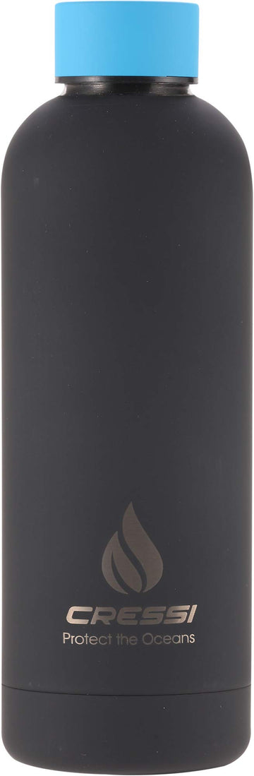 Cressi rubber-coated thermal flask in black and blue, 500 ml, ideal for on-the-go hydration.