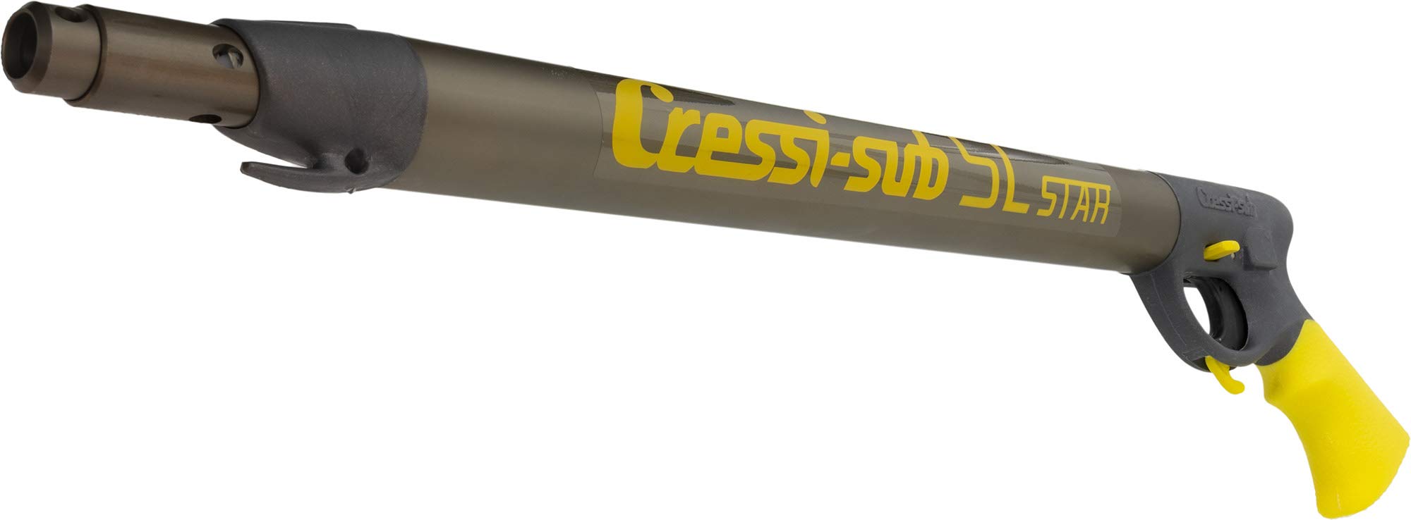 Side view of Cressi SL Star 40 16-inch pneumatic spear gun in silver and yellow