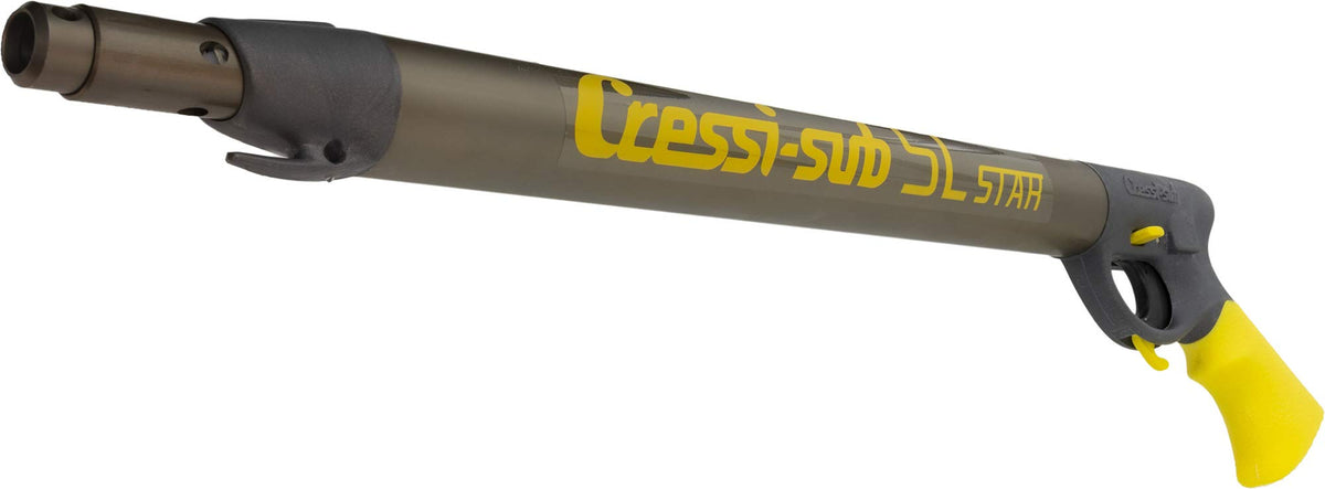 Side view of Cressi SL Star 40 16-inch pneumatic spear gun in silver and yellow