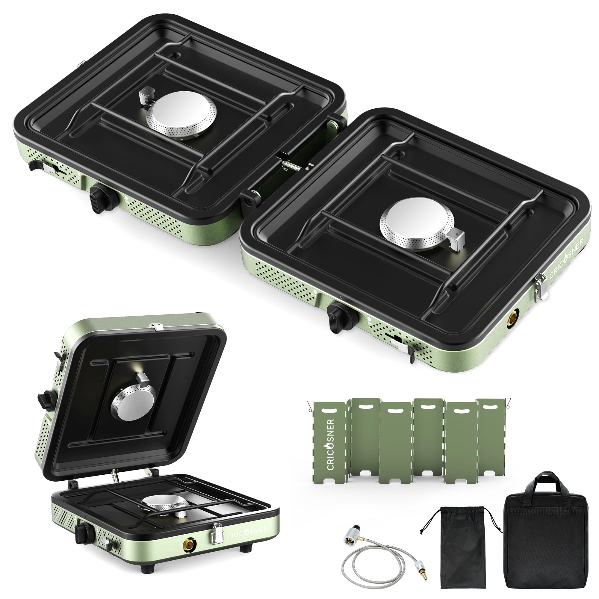 Cricosner 2-burner portable propane stove folded compact with carry bag for easy transport.