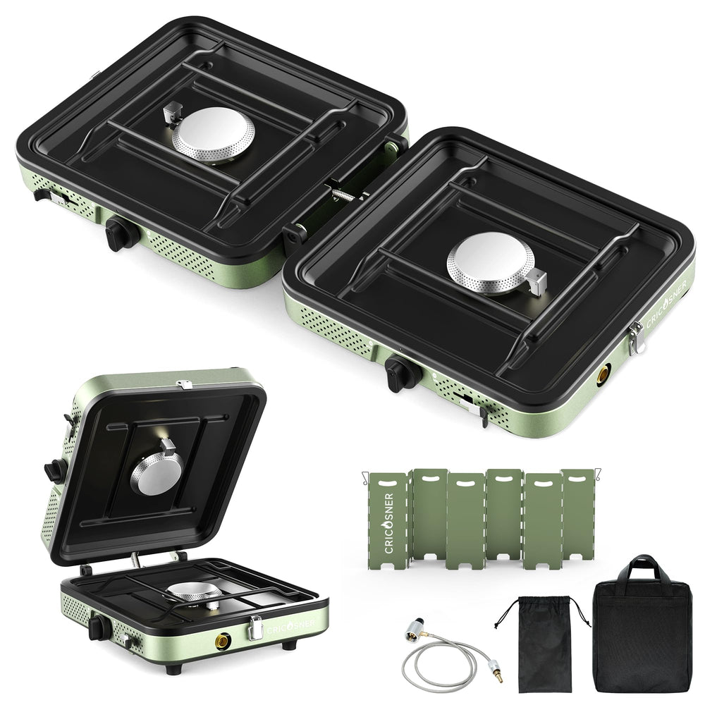 Cricosner 2-burner portable propane stove folded compact with carry bag for easy transport.