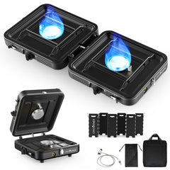 Cricosner 2-burner stove folded compactly for travel and storage.