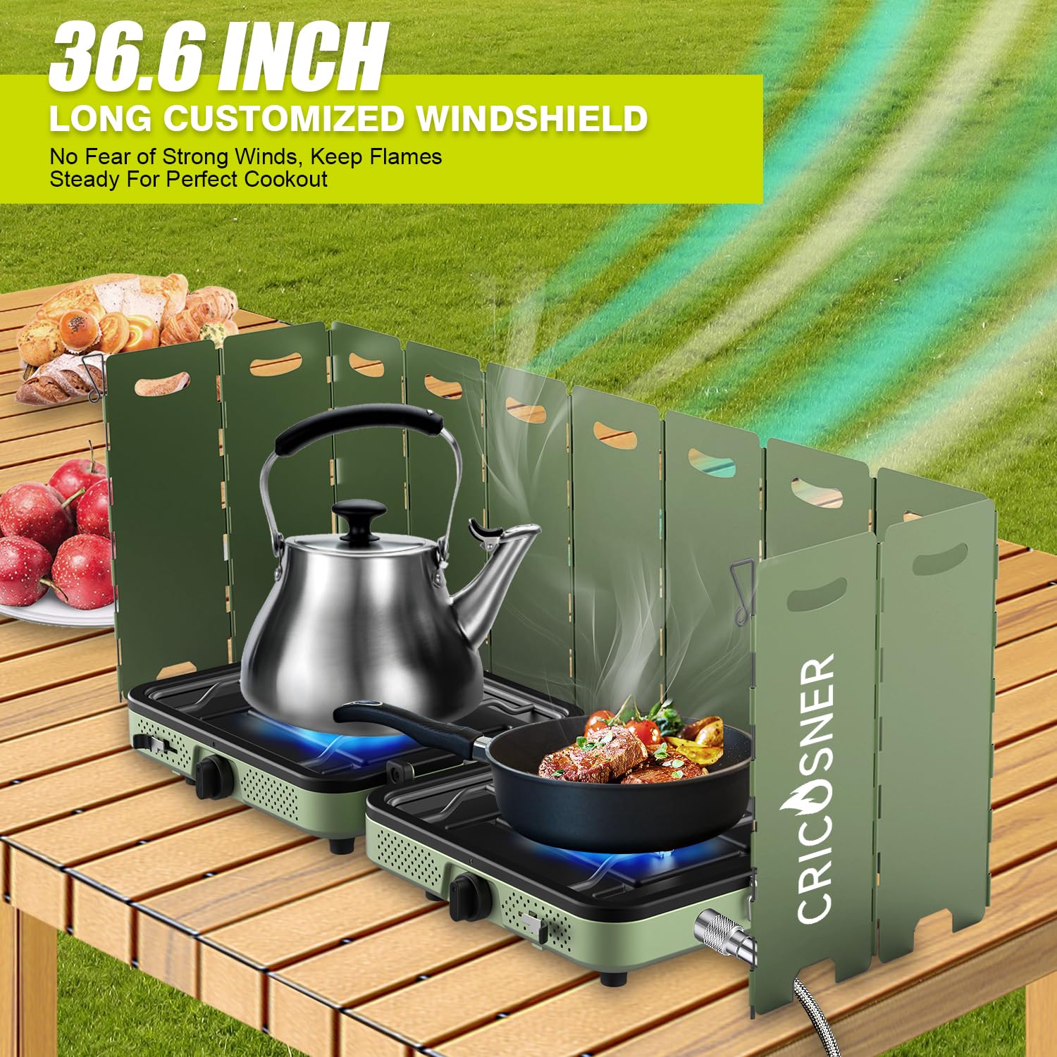 Cricosner durable steel body and stainless burners ensure rugged outdoor use.
