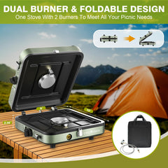 Cricosner two-burner setup heats efficiently for simmering and searing in the wild.