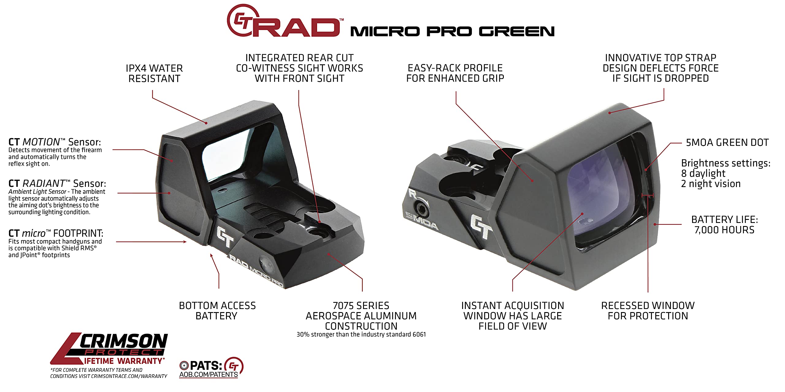 Crimson Trace CT RAD Micro Pro Green Dot lens close-up highlights recessed, protected optic design