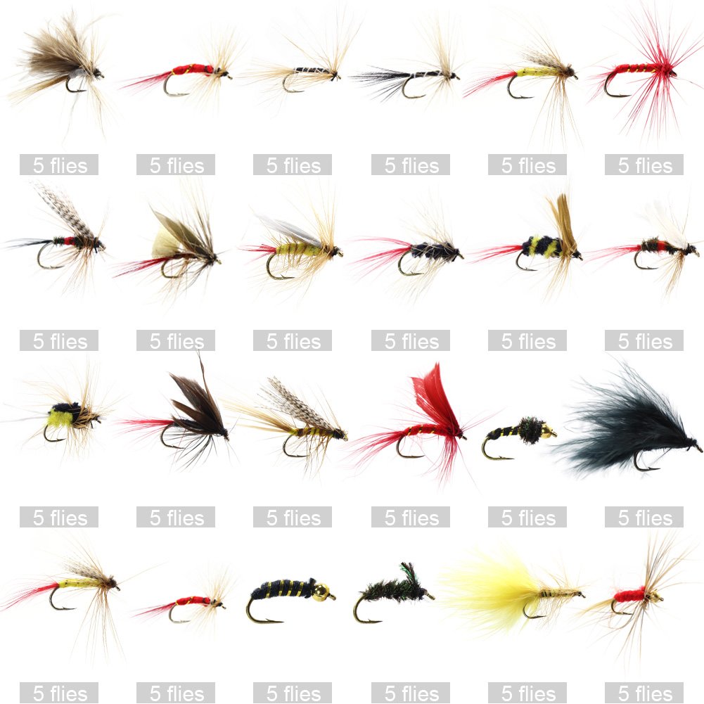 Assorted dry and wet flies for bass, salmon, and trout