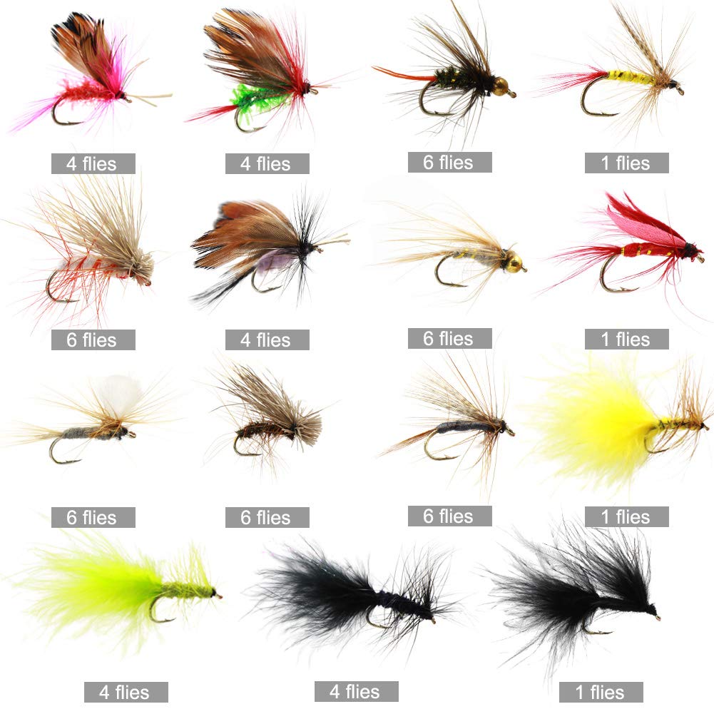 Dry fly patterns included in the Croch 60pcs kit for trout fishing